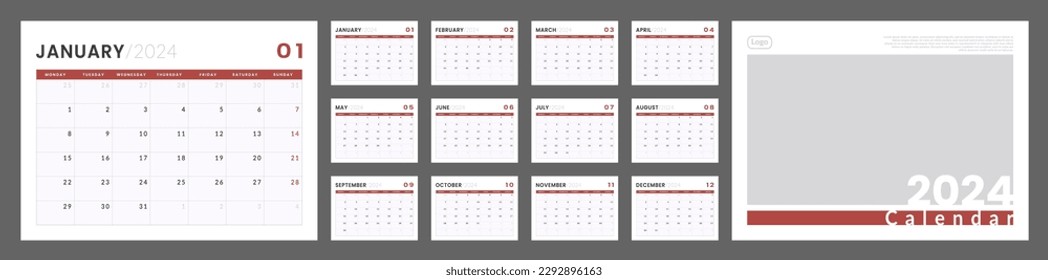 2024 Kalenderplanvorlage mit Abdeckung. Vektorgrafik einer Wand oder Schreibtisch einfachen Kalender mit Woche beginnt montags. Minimalistisches Corporate Kalender-Design für Druck