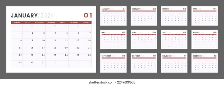 2024 Calendar Planner Template. Vector layout of a wall or desk simple calendar with week start monday. Minimalist corporate calendar design for print