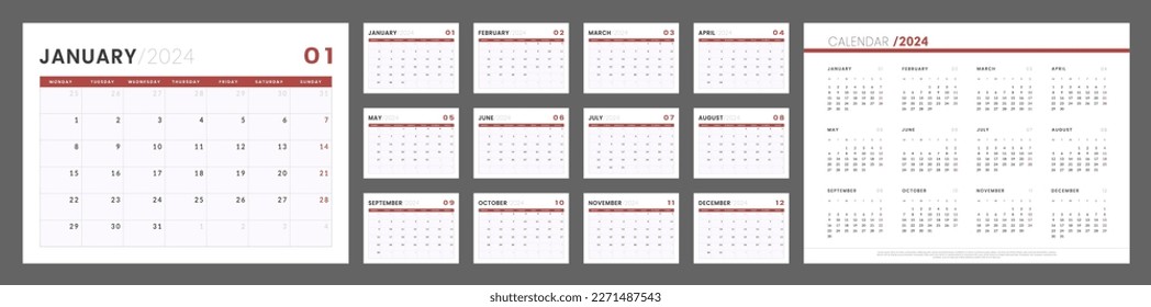 2024 Calendar Planner Template. Vector layout of a wall or desk simple calendar with week start monday. Set of monthly and annual page calendar. Minimalist corporate calendar design for print.