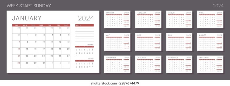 2024 Calendar Planner Template. Vector layout grid of a wall or desk simple calendar with week start sunday. Minimalist corporate calendar design for print