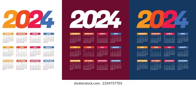 2024 Calendar Planner Template,  calendar 2024, Vector layout of a wall or desk simple calendar with week start Sunday. Anual Organizer, Flat Vector, isolated, colorful.