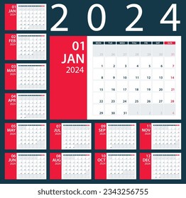 2024 Kalenderplaner - Vektorgrafik. Vorlagenzuordnung
