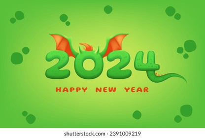 Afiche del calendario 2024 con un dragón verde de año nuevo. El diseño presenta unas bonitas alas y una cola, que combinan elementos modernos y fantasiosos. La ilustración exuda felicidad. No generado IA