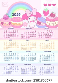 2024 calendar posters for notes with tlat rainbow colours  bunny  for schoolchildren. Cartoon character flat vector collection isolated kawaii for kids tee