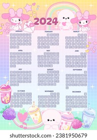 2024 calendar posters for notes with tlat rainbow colours  bunny  for schoolchildren. Cartoon character flat vector collection isolated kawaii for kids tee