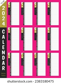 2024 Calendar premium wall or desk printable with day planner sticky note column. Nice rose color background. Use as productivity tools. Unique corporate vector notes planner template.
