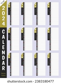 2024 Calendar premium wall or desk printable with day planner sticky note column. Nice platinum color background. Use as productivity tools. Unique corporate vector notes planner template.