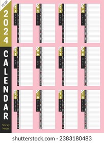 2024 Calendar premium wall or desk printable with day planner sticky note column. Nice pink color background. Use as productivity tools. Unique corporate vector notes planner template.