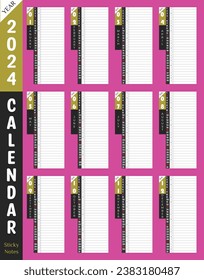 2024 Calendar premium wall or desk printable with day planner sticky note column. Nice magenta color background. Use as productivity tools. Unique corporate vector notes planner template.
