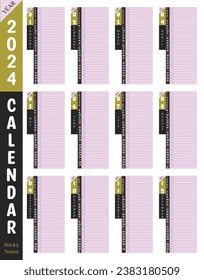 2024 Calendar premium wall or desk printable with day planner sticky note column. Nice white color background. Use as productivity tools. Unique corporate vector notes planner template.