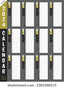 2024 Calendar premium wall or desk printable with day planner sticky note column. Nice dim gray color background. Use as productivity tools. Unique corporate vector notes planner template.