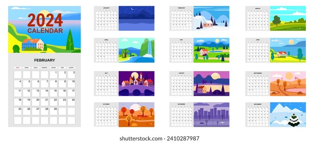 2024 Calendario conjunto de 12 paisajes naturales de cuatro estaciones