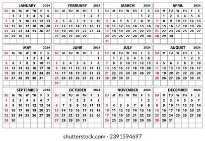 2024 calendar set. Color vector pocket calendar design. The week starts on Sunday. January, February, March, April, May, June, July, August, September, October, November, December