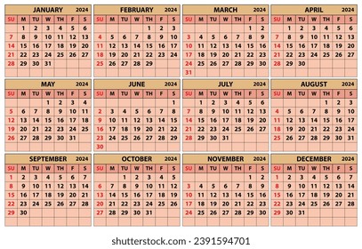2024 calendar set. Color vector pocket calendar design. The week starts on Sunday. January, February, March, April, May, June, July, August, September, October, November, December