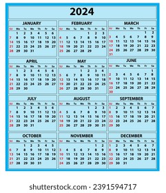 2024 calendar set. Color vector pocket calendar design. The week starts on Sunday. January, February, March, April, May, June, July, August, September, October, November, December