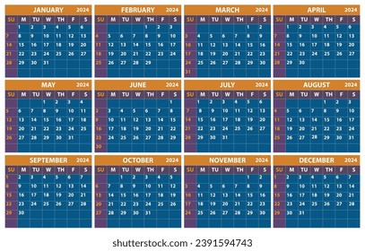 2024 calendar set. Color vector pocket calendar design. The week starts on Sunday. January, February, March, April, May, June, July, August, September, October, November, December
