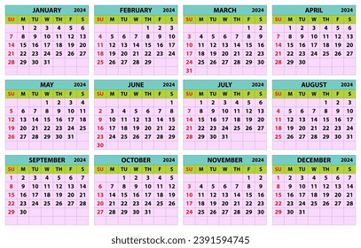 Kalendersatz 2024 Farbvektortaschenkalender-Design. Die Woche beginnt am Sonntag. Januar, Februar, März, April, Mai, Juni, Juli, August, September, Oktober, Dezember