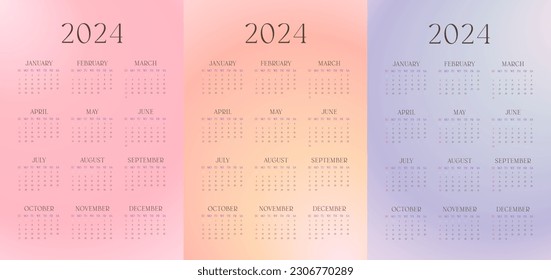 2024 Calendar Set Printable Starts From Sunday. Aesthetic Gradient Beauty Design.