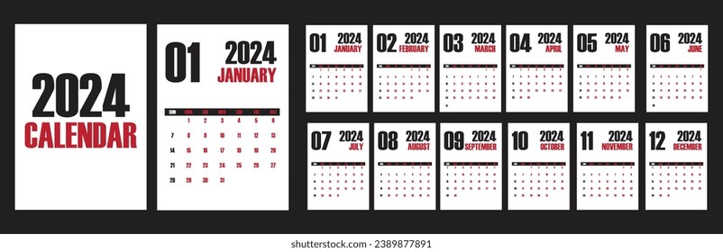 Kalender 2024. Einfache Schwarz-Weiß-Typografie Jährlich Monatlicher Kalender. Moderne minimalistische, mutige Vektorgrafik 