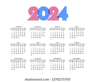 2024 calendar with simple colorful design