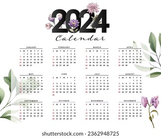 2024 calendar with simple floral flowers colorful design