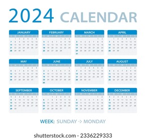 2024 calendar - Sunday to Monday - Vector template