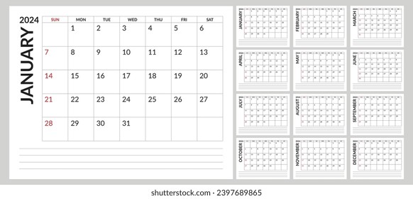 2024 Calendar sunday start with notes