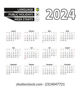 2024 calendar in Swedish language, week starts from Sunday. Vector Illustration.