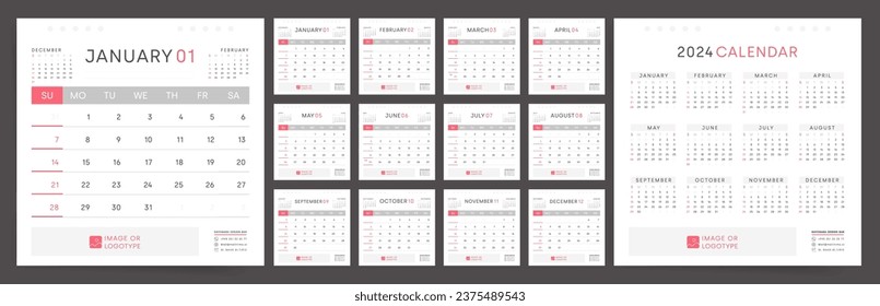 2024 Calendar Template. Clean and Modern Design. Week Starts on Sunday. English Corporate Desktop Planner in Simple Office Style. Vector Monthly Layout for Business, Home Work and Corporate Use.