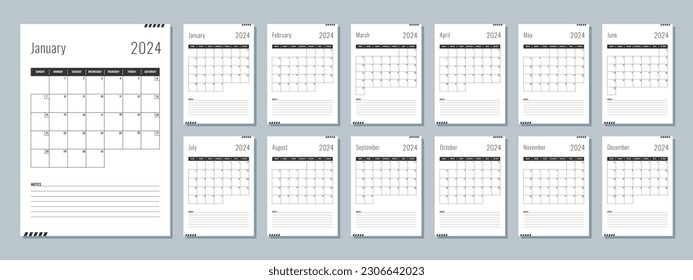 2024 calendar template. Corporate and business planner diary. The week starts on Sunday. Set of 12 months 2024 pages.