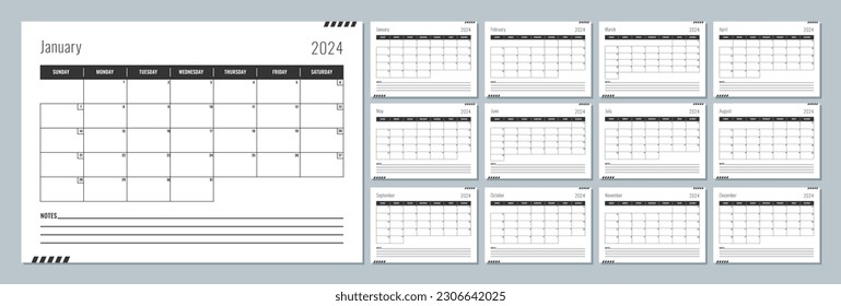 2024 calendar template. Corporate and business planner diary. The week starts on Sunday. Set of 12 months 2024 pages.