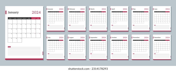 2024 calendar template. Corporate and business planner diary. The week starts on Monday. Set of 12 months 2024 pages.