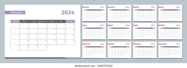 2024 calendar template. Corporate and business planner diary. The week starts on Sunday. Set of 12 months 2024 pages.