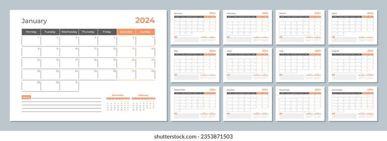 2024 calendar template. Corporate and business planner diary. The week starts on Monday. Set of 12 months 2024 pages.