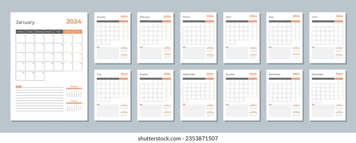 2024 calendar template. Corporate and business planner diary. The week starts on Monday. Set of 12 months 2024 pages.