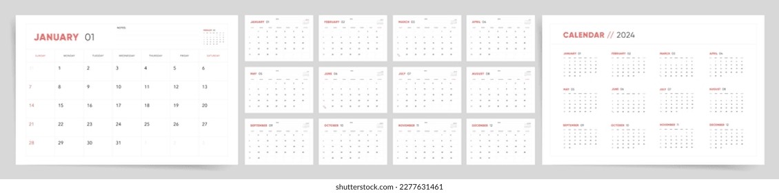 2024 Calendar template design. Week starts on Sunday office calendar. Desktop planner in simple clean style. Corporate or business calendar. English vector calendar layout.	