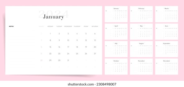 2024 Calendar template design. Week starts on Sunday office calendar. Desktop planner in simple clean style. Modern minimal calendar. English vector calendar layout.