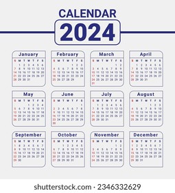 2024 calendar template design week start with Sunday Blue Calendar Sunday red mark	