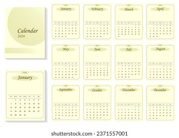 2024 calendar template design. Week starts from Sunday. Full months for wall calendar
