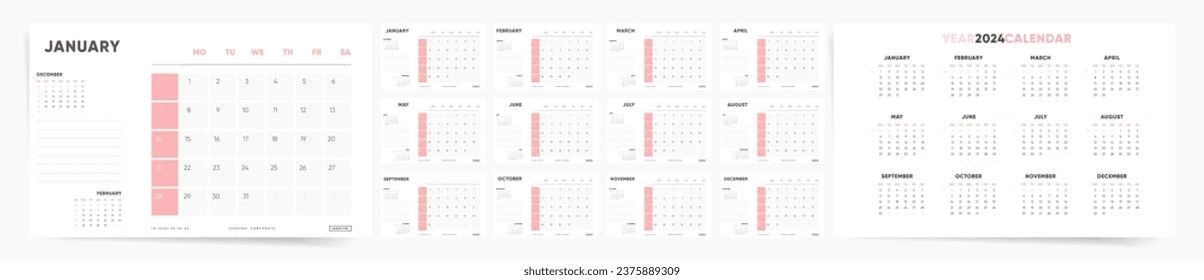 2024 Calendar Template Design. Week Starts on Sunday Office Calendar. Desktop Calender in simple clean style. Corporate or Business Calendar. English Vector Calendar layout.