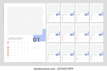 2024 Calendar Template Design. Week Starts on Sunday Office Calendar. Desktop Calender in simple clean style. Corporate or Business Calendar. English Vector Calendar layout.