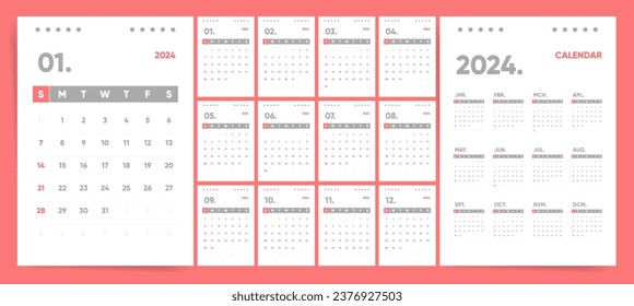 2024 Calendar Template Design. Week Starts on Sunday Office Calendar. Desktop Calender in simple clean style. Corporate or Business Calendar. English Vector Calendar layout.