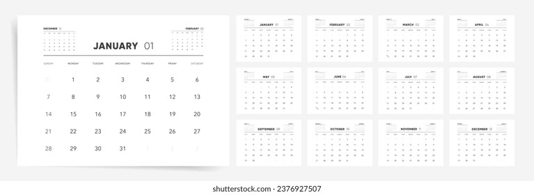 2024 Calendar Template Design. Week Starts on Sunday Office Calendar. Desktop Calender in simple clean style. Corporate or Business Calendar. Vector Calendar layout on White Background.