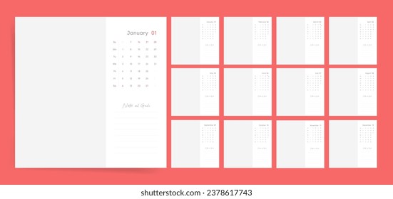 2024 Calendar Template Design. Week Starts on Sunday Office Calendar. Desktop Calender in simple clean style. Corporate or Business Calendar. English Vector Calendar layout.