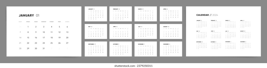 2024 Calendar Template Design. Week Starts on Sunday Office Calendar. Desktop Horizontal Calender in simple clean style. 