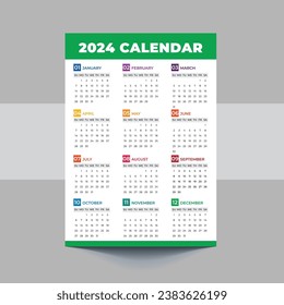2024 Calendar template design. Week starts on Sunday office calendar. Desktop planner in simple clean style. Corporate or business calendar. English vector calendar layout.