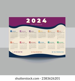 2024 Calendar template design. Week starts on Sunday office calendar. Desktop planner in simple clean style. Corporate or business calendar. English vector calendar layout.