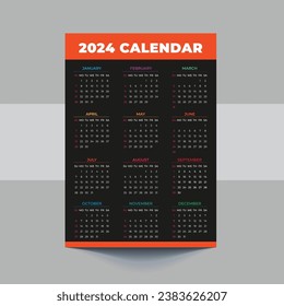 2024 Calendar template design. Week starts on Sunday office calendar. Desktop planner in simple clean style. Corporate or business calendar. English vector calendar layout.