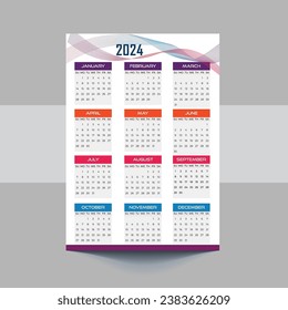 2024 Calendar template design. Week starts on Sunday office calendar. Desktop planner in simple clean style. Corporate or business calendar. English vector calendar layout.