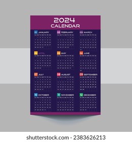 2024 Calendar template design. Week starts on Sunday office calendar. Desktop planner in simple clean style. Corporate or business calendar. English vector calendar layout.